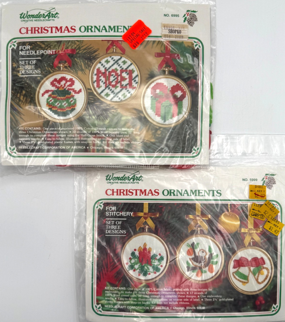 Lot of 2 WonderArt Christmas Ornament Kits Needlepoint Stitchery Crewel Sealed